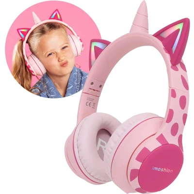 Afbeelding van imoshion Kids Unicorn LED Light Bluetooth Headphones Kinder koptelefoon met decibelbegrenzer Draadloze + AUX kabel Pink / Hot