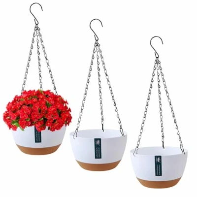 Afbeelding van Exquilnova Set van 3 hangende bloempotten met afvoergaten en schotels, plantenstandaard om op te hangen voor buiten binnen, hangmand planten bloemen (wit)