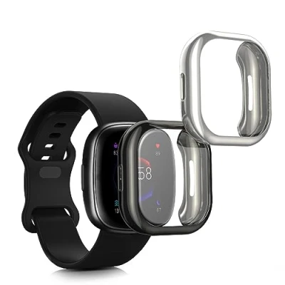 Afbeelding van kwmobile 2x smartwatch hoes geschikt voor Fitbit Versa 4 / Sense 2 hoesje Siliconen sporthorloge cover Activity tracker case in zwart zilver