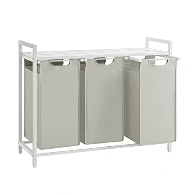 Afbeelding van VASAGLE Wasmand, mand voor vuile was, met 3 vakken en verwijderbare zakken van Oxford stof, legplank, metalen frame x 38 liter, 92,5 33 72 cm, wit BLH301W01
