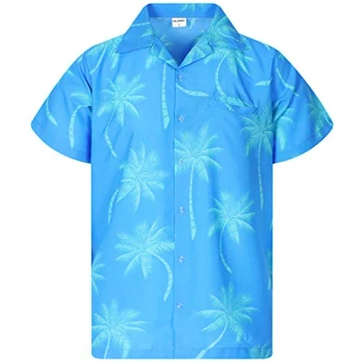 Afbeelding van King Kameha Funky Hawaïhemd voor heren, korte mouwen, voorzak, palmboom, Turkoois