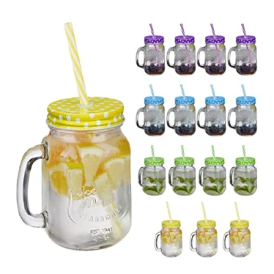 Afbeelding van drinkglazen met rietje en deksel set van 16 500 ml retro ijstheeglazen handvat