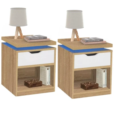 Image de Lot de 2 tables chevet LUNA à LEDS 1 tiroir avec niche hêtre et blanc