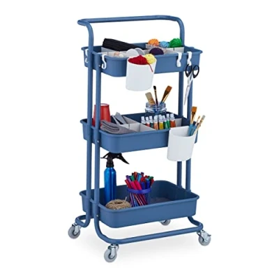 Afbeelding van Relaxdays opbergtrolley staal keukentrolley op wieltjes serveerwagen keuken blauw