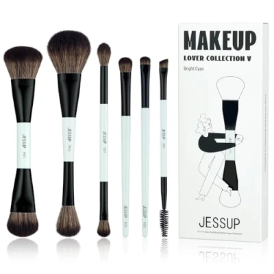 Afbeelding van Jessup Set van 6 dubbelzijdige make upkwasten voor foundation, contour, blush, blenden, wenkbrauwen, oogschaduw, veganistische upkwasten, levendig cyaan T501