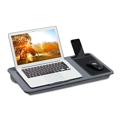 Afbeelding van Relaxdays, Grijs laptopkussen met muismat, B x D: 57,5 30 cm, antislipstrips, draaggreep, bed en bank, kussen lade, schuim