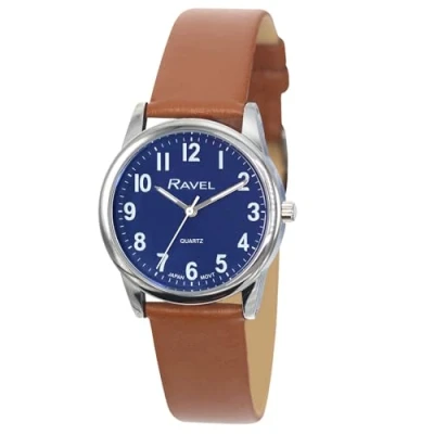 Afbeelding van Ravel Plus Japans analoog kwartshorloge, extra lang, uniseks, armband van microvezelleer, RP, Bruin/zilvertint, horlogekast 40mm