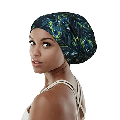 Afbeelding van Nachtmuts met voering van satijnen zijde voor lang haar, vlechten, dames, zachte bamboeviscose, camouflageblauw