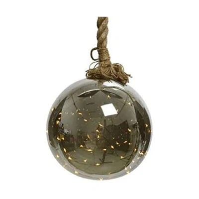 Afbeelding van Kerstbal met jute touw en 40 LED lampjes 20cm Rook grijs