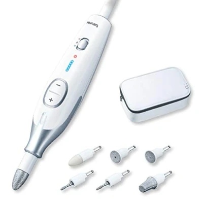Afbeelding van Beurer MP 42 Elektrische nagelvijl Nagelfrees Electrische manicure en Pedicureset 7 Opzetstukken Beschermkap Magic LED display Traploos instelbaar Netvoeding = kracht Opbergetui 3 Jaar garantie Wit/zilver
