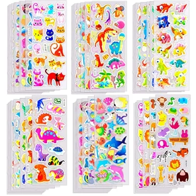 Afbeelding van OWill 40 stuks shees à 1000 beloningsstickers voor kinderen, opgeblazen 3D stickervellen peuters, beloningscadeaus scrapbooking, feestzakjes inclusief dieren, dinosaurussen, cijfers,