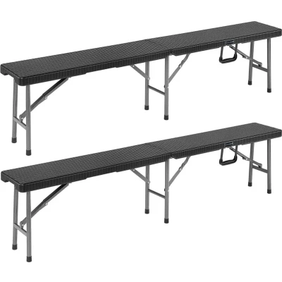 Afbeelding van Set van 2 uitklapbare bierbanken in polyrattan zwart 180 cm