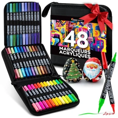 Afbeelding van Zenacolor Acrylstift met dubbele punt (fijne punten en penseel) 48 unieke acrylmarkeerstiften voor verschillende oppervlakken kunstwerken viltstiften acrylverf etui inbegrepen