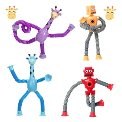 Afbeelding van RXKFIGX Set van 4 telescopische zuignapspeelgoed pop robot sensorische buizen speelgoed giraffe grappig educatief voor kinderen en volwassenen