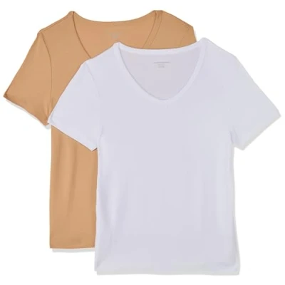 Image de Amazon Essentials T Shirt Col en v à Manches Courtes Coupe Ajustée Women&#039;s, Pack of 2, Blanc/Fauve Clair, XXL