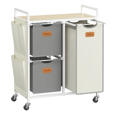 Afbeelding van VASAGLE Wasmand, 3 vakken, mand 100 l, bak, wielen, trolley met planken, tas, zijvakken, 6 etiketten, natuurlijk beige, duifgrijs en crèmewit BLH202G01