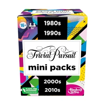 Afbeelding van Hasbro Gaming Trivial Pursuit Mini packs, multipack, grappige vragen voor volwassenen en jongeren vanaf 16 jaar, bevat 4 spellen van decennia