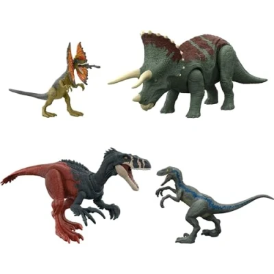 Afbeelding van Mattel Jurassic World Dominion Instinctief Overlevenden Dinosaurus Starterset, Verzwaren roofdieren Megaraptor en Pteranodon, Blue Dilophosaurus, digitaal spel, vanaf 4 jaar