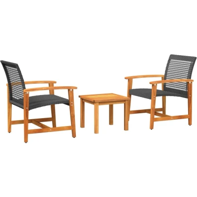 Afbeelding van 3 delige Bistroset poly rattan en acaciahout zwart
