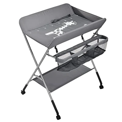 Image de table à langer pliante, avec panier de rangement, ceinture sécurité et 4 roues frein, réglable en hauteur 80 x 65 93 99 cm (D/Gris foncé)