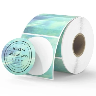 Afbeelding van MUNBYN 750 ronde zelfklevende etiketten, 50 x mm, paarse cirkels, veelzijdige rol, directe thermische stickers voor bedrijven