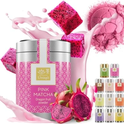 Afbeelding van Tea Uniqo Roze matcha theepoeder Ideaal voor drankjes, ijs, lattes, shakes, gebak of om te koken 100% natuurlijk drakenfruitpoeder in een blikje Pitaya superfoodpoeder