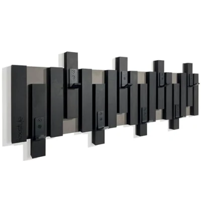 Afbeelding van Wandhaak van eikenhout, lamellendesign, modern en natuurlijk zwart, 2 maten, 80 cm, zwart