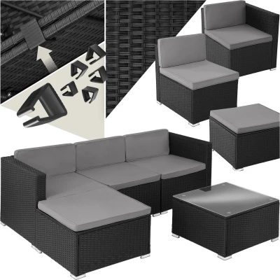 Afbeelding van tectake® wicker Lounge, buitenzitgroep, set met bank, fauteuil, kruk, tafel, vrij combineerbaar, zithoek voor 3 4 personen, weerbestendig meubilair tuin, terras, balkon zwart poly rattan
