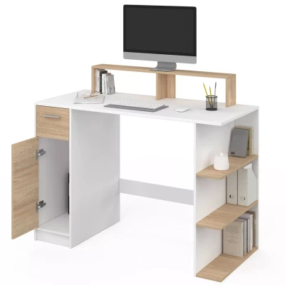 Image de Bureau avec rangement MAY support ordinateur blanc et bois