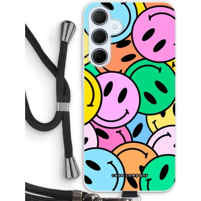 Afbeelding van Case Company® hoesje met Koord geschikt voor Samsung Galaxy A35 Smiley N1 Telefoonhoesje Zwart Bescherming aan alle Kanten en Over de Schermrand