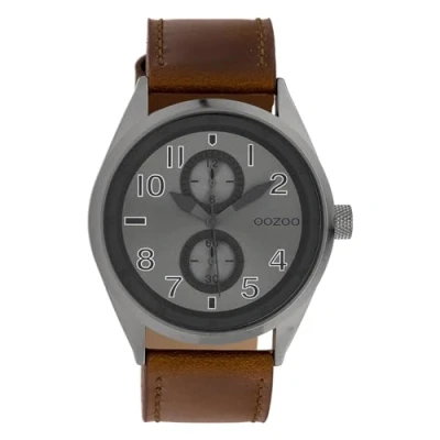 Afbeelding van OOZOO Timepieces Zilverkleurige horloge met camel leren band C9625