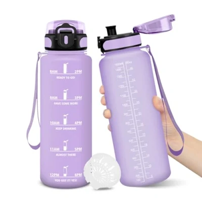 Afbeelding van Drinkfles, 1500 ml, BPA vrij, sportfles, lekvrij vergrendelingsontwerp, fles, met tijdstempel, waterfles voor school, yoga, hardlopen, bergen beklimmen, lichtpaars