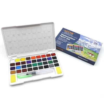 Afbeelding van ARTME aquarel / kubus schilderset in draagtas met penseel 36 levendige kleuren, essentiële kunstbenodigdheden.