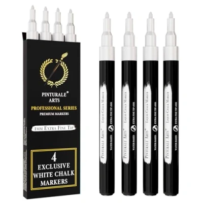 Afbeelding van Pinturale Arts® Set van 4 witte krijtstiften met extra fijne punt 1 mm voor ramen, krijtbord, glas, gemakkelijk af te vegen
