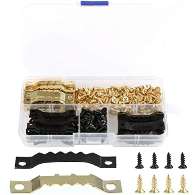 Afbeelding van TIMESETL 120 stuks fotolijsten, robuuste ophanghaken, kleerhangers met zaagtanden, dubbel gat schroeven, frame bevestigingen, 240 schroeven opbergdoos (goud en zwart)
