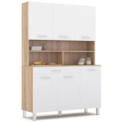 Afbeelding van Buffet de cuisine 120 CM CINA meuble 6 portes blanches et structure façon hêtre + tiroir