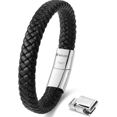 Afbeelding van Malinsi Armband heren Zwart Effect RVS Sluiting en Gevlochten Leer Armbandje Mannen 20 + 2cm Verlengstuk