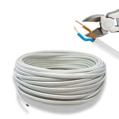 Afbeelding van HALOTEC PVC platte buiskabel 2 x 0,75 wit ideaal voor verlengingen H03VVH2 F dubbele isolatie doorsnede mm² binnenkant blauw en bruin maximale temperatuur 70 C spanning 300 V