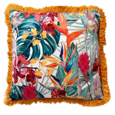 Afbeelding van Dutch Decor TROPICANA Sierkussen velvet 45x45 cm Golden Glow geel bloemenpatroon franjes