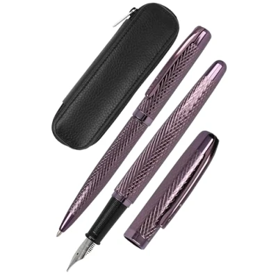 Afbeelding van Online Eleganza Diamond Wine Schrijfset, bevat balpen, etui van echt leer, 3 delig, in geschenkdoos, vulpen voor standaard patronen, met navulverpakking