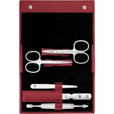 Afbeelding van Zwilling Manicureset (5 delig, nagelverzorging en pedicure, met echt leren etui, nagelschaar nagelriemschaar), van gepolijst roestvrij staal, rood