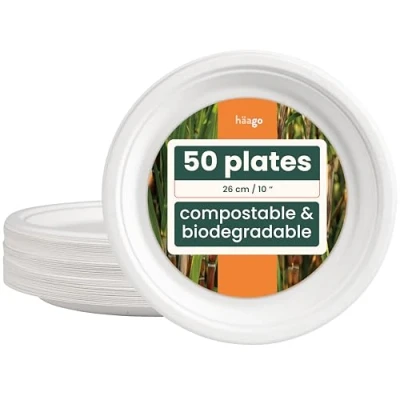 Afbeelding van HAAGO 50 Stevige Kartonnen Bordjes van Suikerriet (⌀ 26cm) Magnetronbestendig, Milieuvriendelijk, Biologisch Afbreekbaar Feestborden voor Picknicks, Buffeten, Barbecues