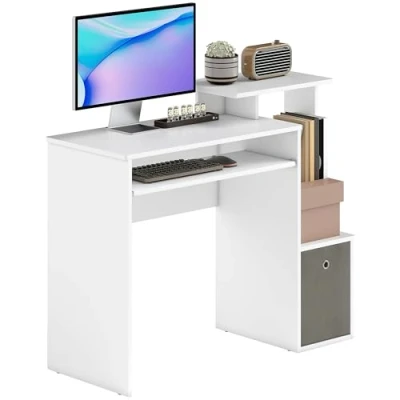 Afbeelding van HOMCOM Bureau Multimedia Computer Planken Tablet Toetsenbord Mand Grijs Spaanplaten