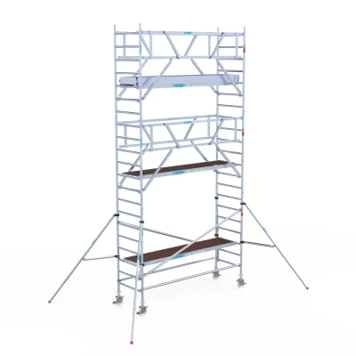 Afbeelding van Professionele aluminium rolsteiger 0.90x3.05x7.2m werkhoogte carbon vloer + dubbele voorloopleuning