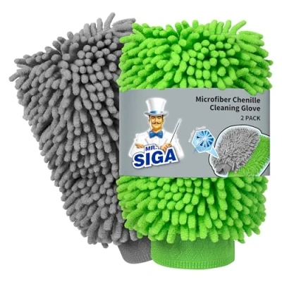 Afbeelding van MR.SIGA Washandschoen van microvezel, chenille, zacht, overkeuze, 2 stuks, grijs en groen