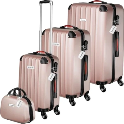 Afbeelding van tectake® 4 delige reiskofferset inclusief koffertrolley en bagageweger, 360 wielen, harde koffer met cijferslot, grote koffer, stapelbaar, trolley handbagage rosegold