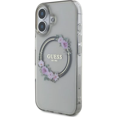 Afbeelding van Guess GUHMP16SHFWFCK iPhone 16 6.1&quot; zwart/zwart hardcase IML Flowers Wreath MagSafe