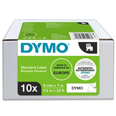 Afbeelding van Dymo D1 Tape 9 Mm, Zwart Op Wit, Pak Van 10 Stuks Voor Beletteringsysteem