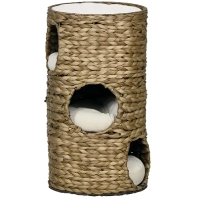 Afbeelding van PawHut Kattenvat 73 cm hoog met 3 holtes, kussen, krabpaal kattenbed, kattentoren van waterhyacint, donkerbruin
