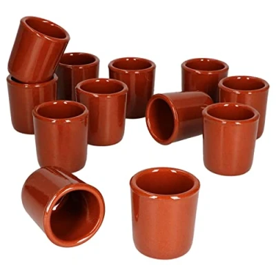 Afbeelding van MamboCat Set van 12 shotbekers klei, 50 ml, volledig geëmailleerd, mediterraan borrelglas, uniek handgemaakt, mini tuimelbeker, antiek/vintage, middeleeuwen, Viking
